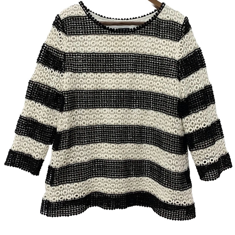 Talbots Black and Cream Textured Striped Eyelet 3/4 Sleeves Blouse Sz Large
